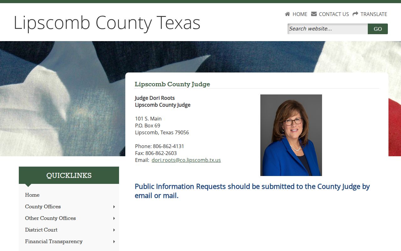 Lipscomb County Judge page with public-information request routing