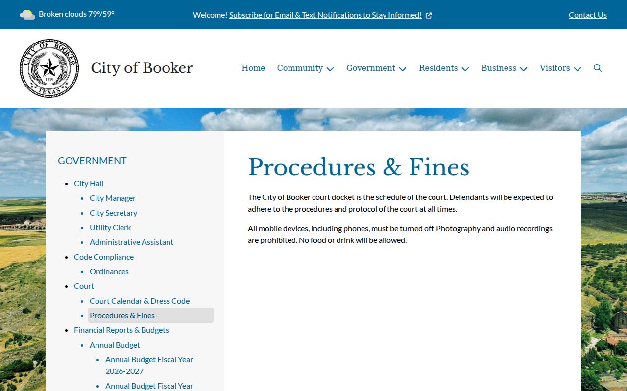 Booker Municipal Court procedures and fines notice with docket rules