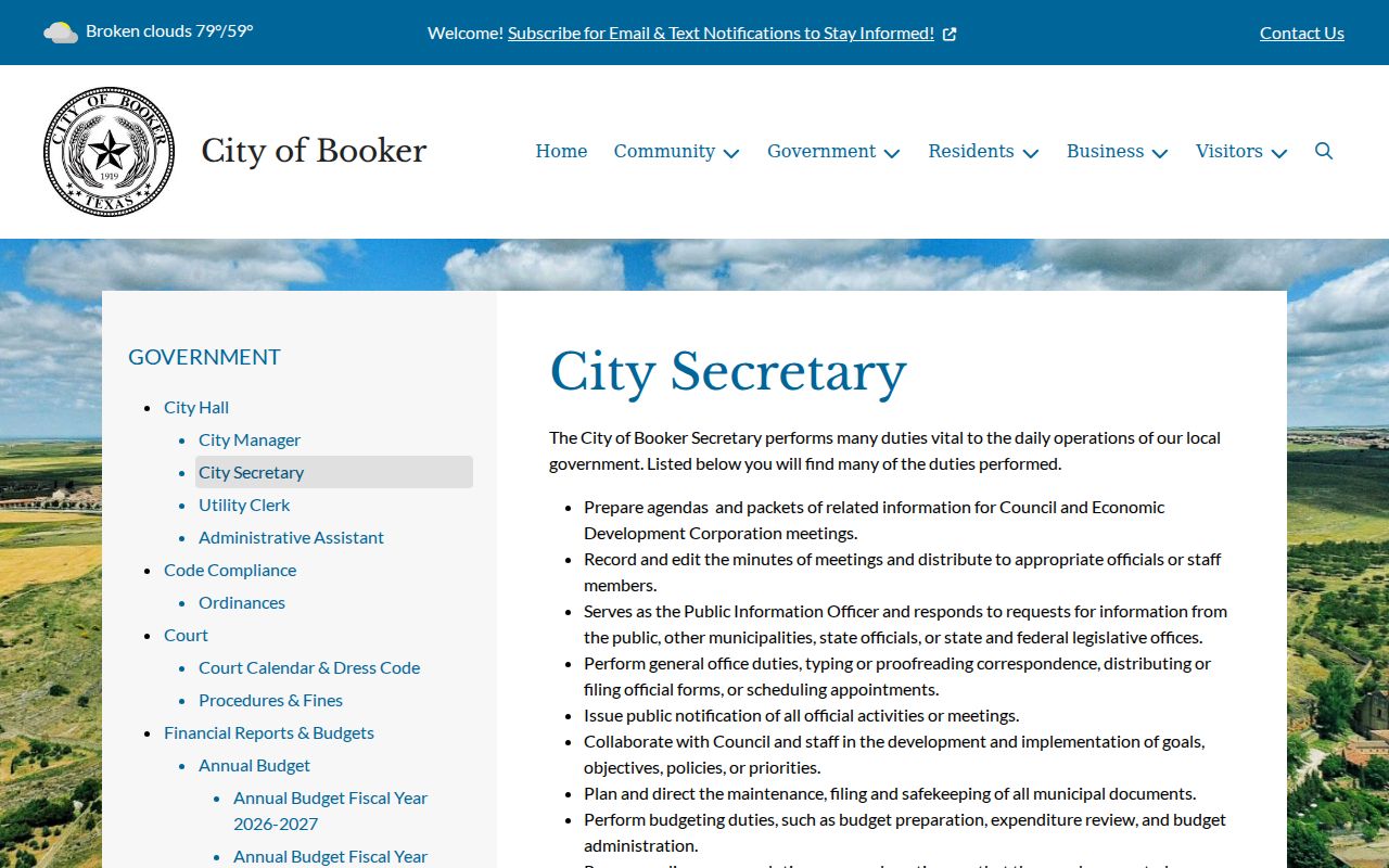 Booker City Secretary page identifying the public-information officer and records custodian