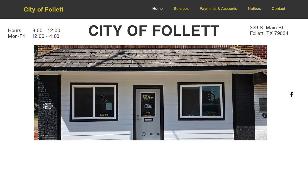 Follett City Hall contact page with address and split weekday hours