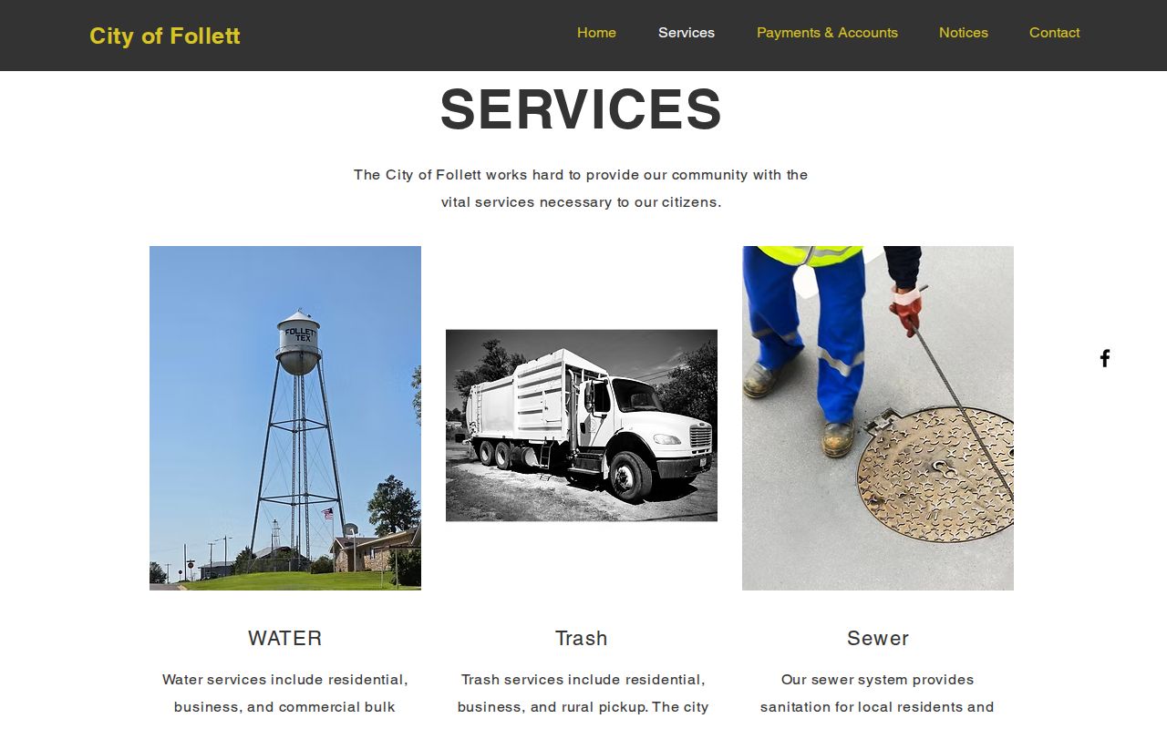 Follett official city services page, listing water, trash, and sewer
