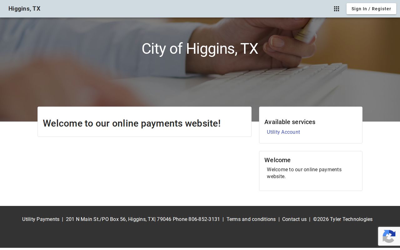 Higgins city portal showing utility account and utility payment services