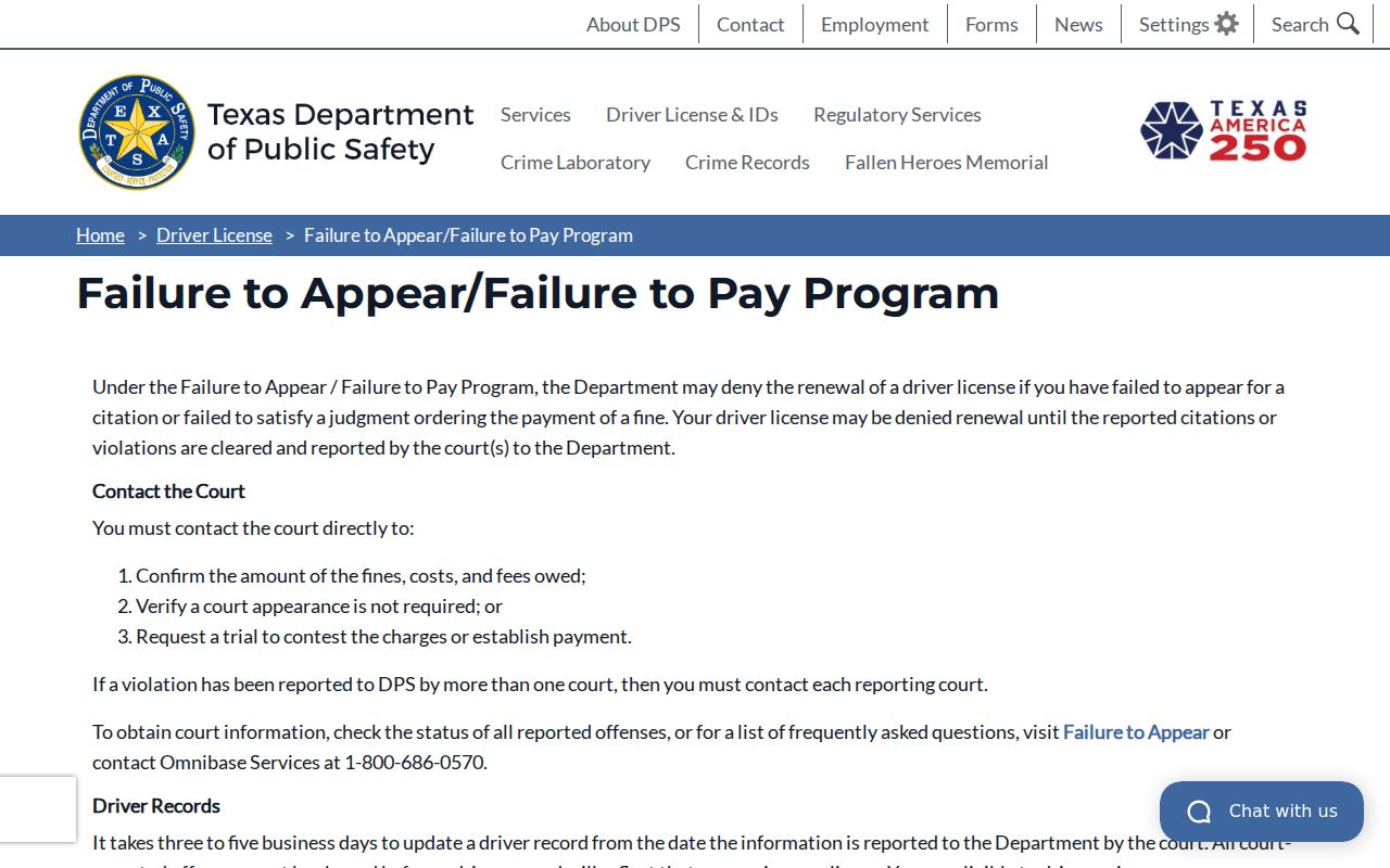 Texas DPS FTA and FTP program information about court reporting and license renewal status