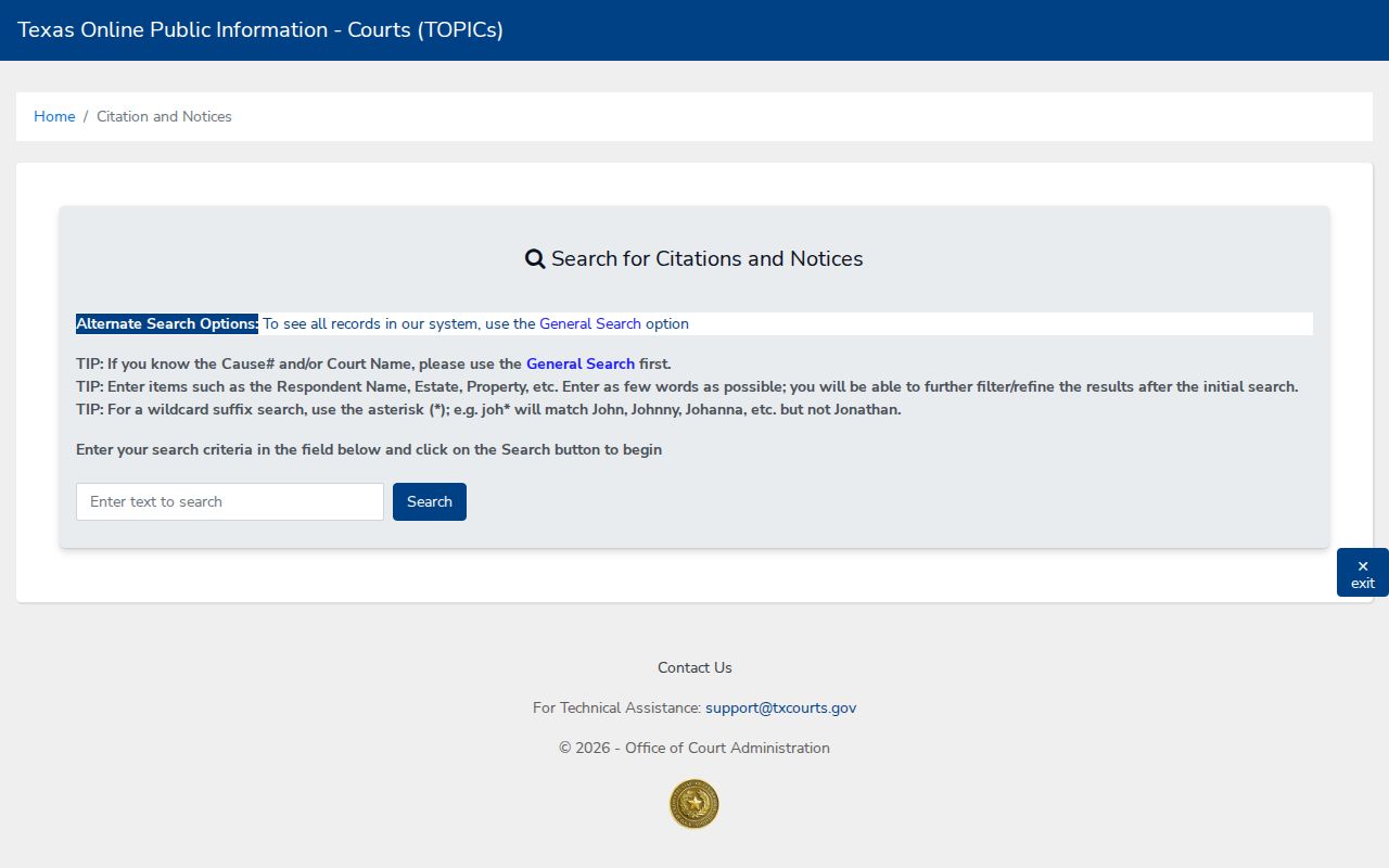 Texas Courts citation and notice search controls, not a county warrant database