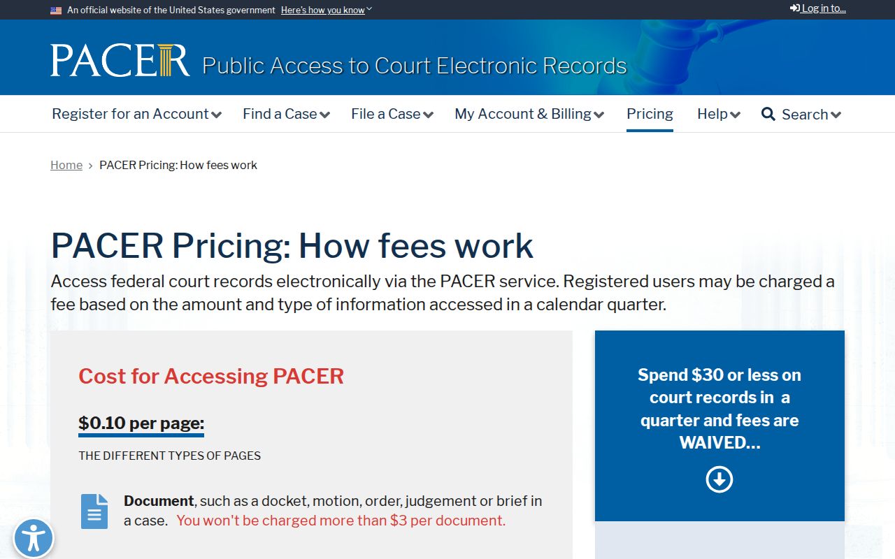 PACER official page explaining federal docket access and fees
