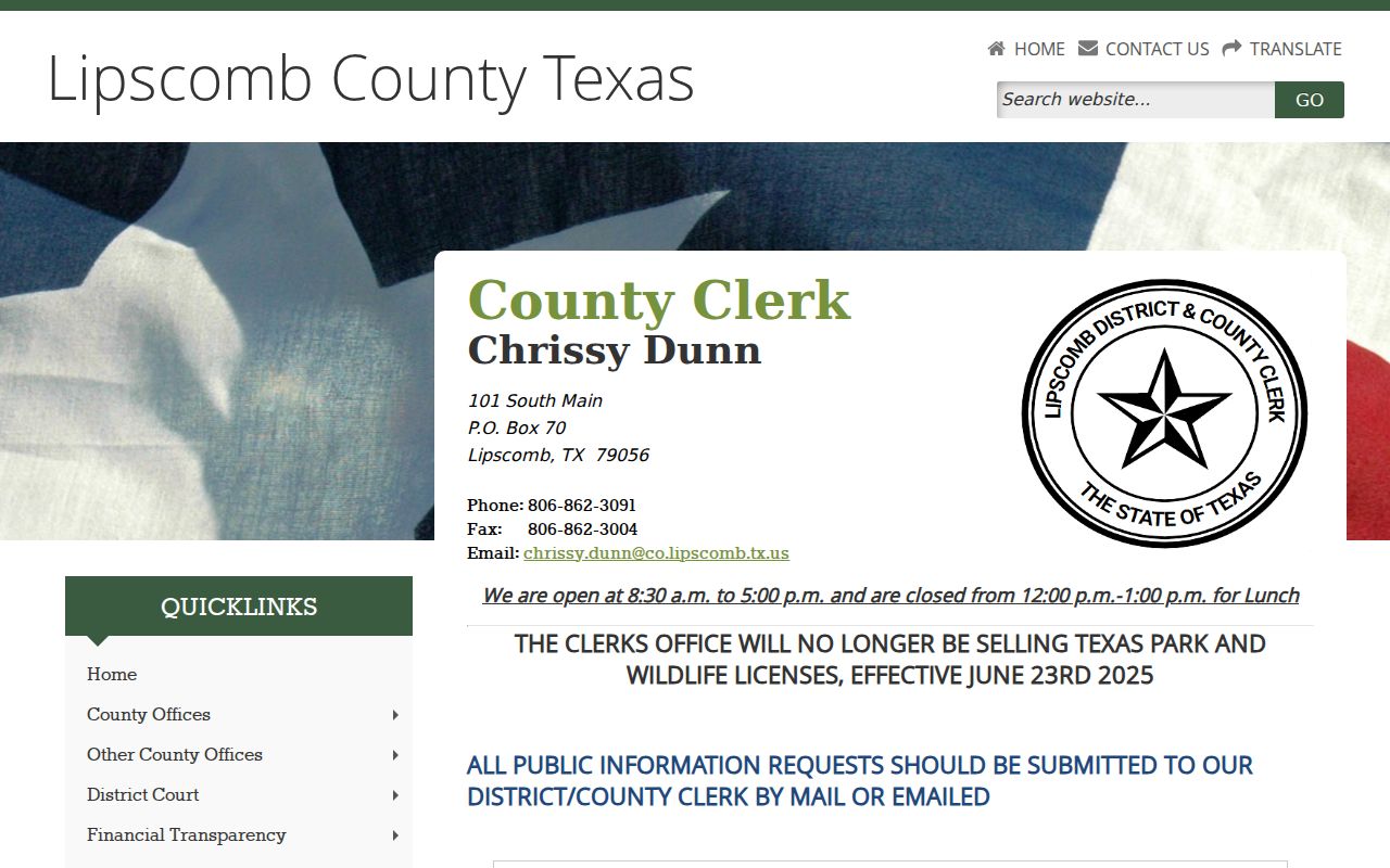 Lipscomb County Clerk information with office hours and public information instructions