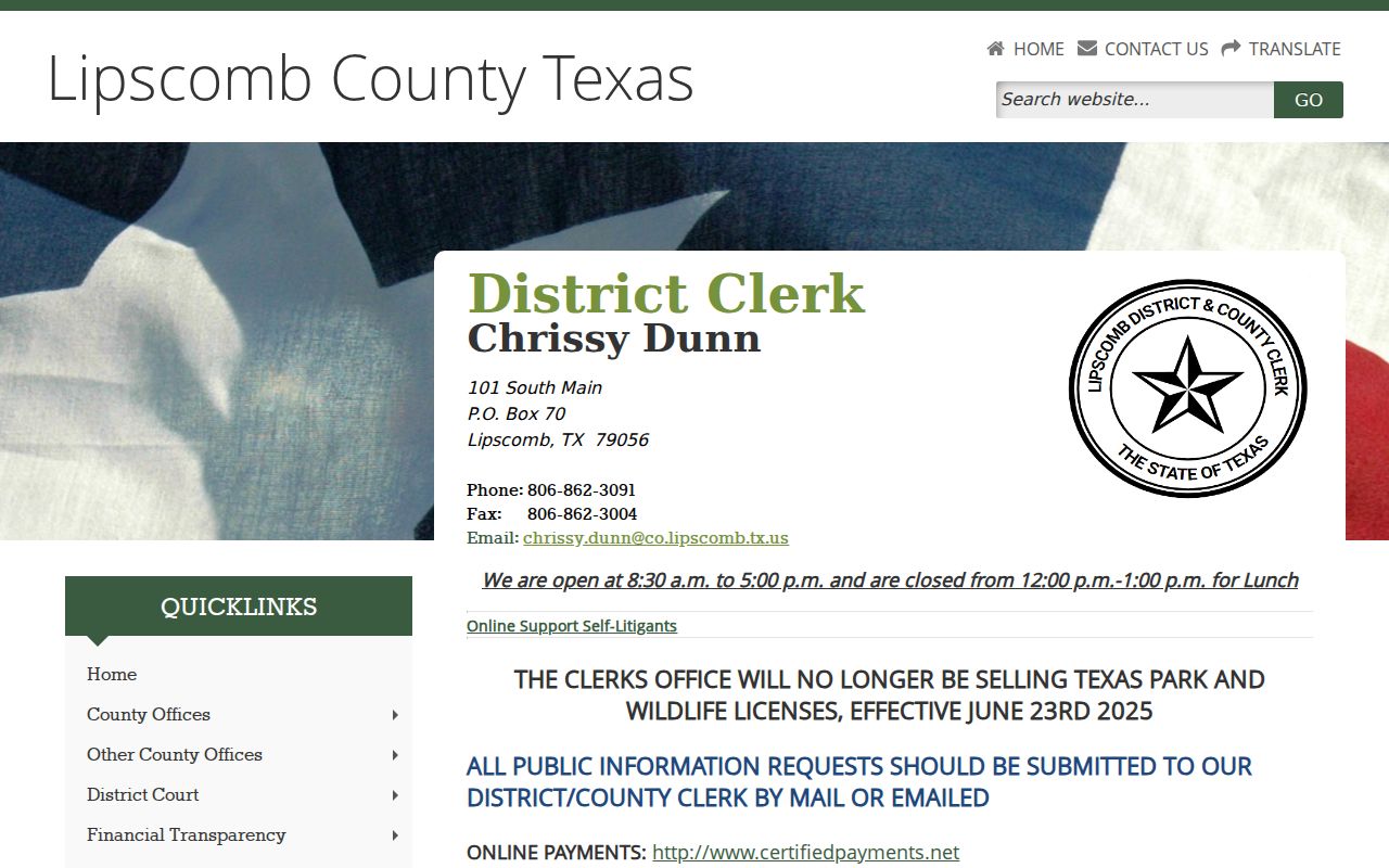 Lipscomb County and District Clerk page with district criminal-file contact information