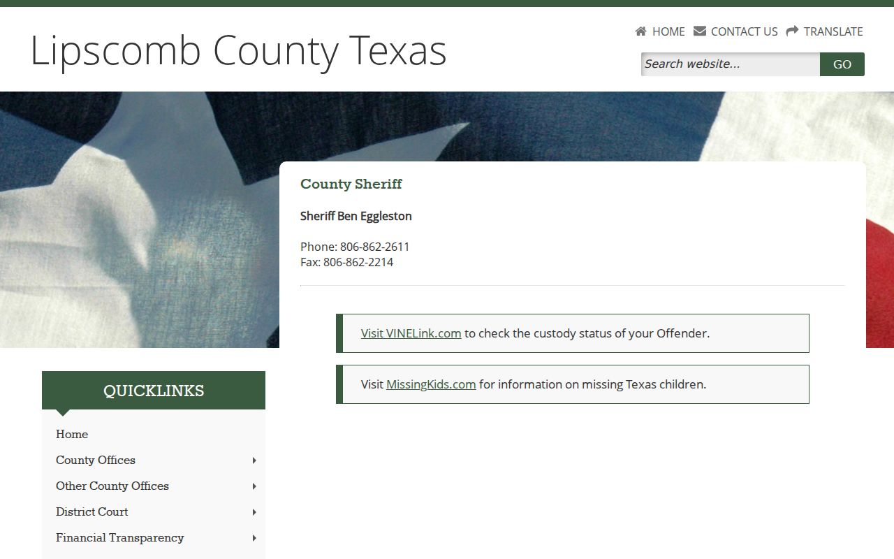 Lipscomb County Sheriff contact page with office phone and VINELink custody link
